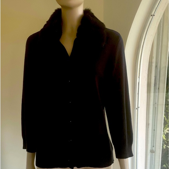 American Living Black Knit Cardigan with Faux Fur Collar 3” EUC Size L - Picture 1 of 9